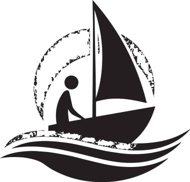 Dalgalı suda küçük bir teknede yüzen bir insanın şekillendirilmiş bir grafiği..