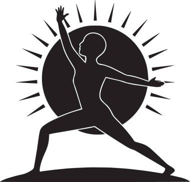 Yoga savaşçısı kılığındaki bir kişinin silüeti büyük, parlak bir güneşin önünde ortaya çıkar..