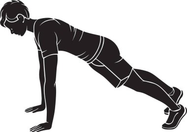 Çekirdek dayanıklılık eğitimi için bir kalas ya da şınav pozisyonu tutan bir adamın yan görünüm silueti.