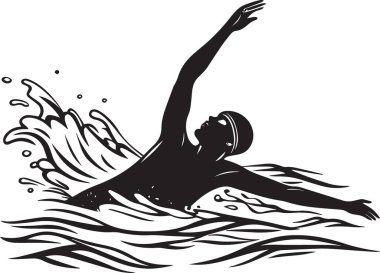 Bir erkek yüzücünün su sıçratmada sırt üstü yüzüşünü gösteren siyah beyaz vektör çizimi..