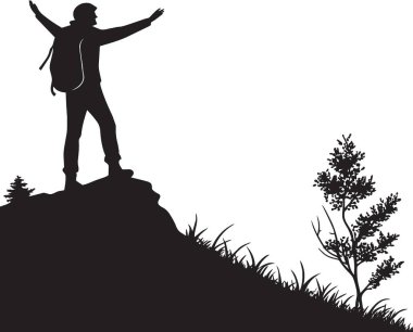 Sırt çantalı bir yürüyüşçünün silüeti bir uçurumun kenarında duruyor, kolları zaferle yükseliyor, küçük bir ağacı olan vadiye bakıyor..