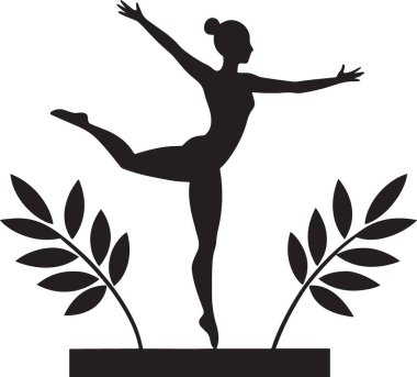Bir kadın jimnastikçinin silueti, zaferi simgeleyen defne dalları tarafından çevrelenmiş bir kaide üzerinde poz veriyor..