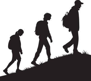 Sırt çantalı üç kişinin silueti çimenli yamaçlara tırmanıyor, macerayı, yürüyüşü ve takım çalışmasını temsil ediyor..