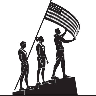 Sıralı bir kürsüde elinde ABD bayrağı olan üç kişinin silueti ulusal gurur ve spor zaferini temsil ediyor..
