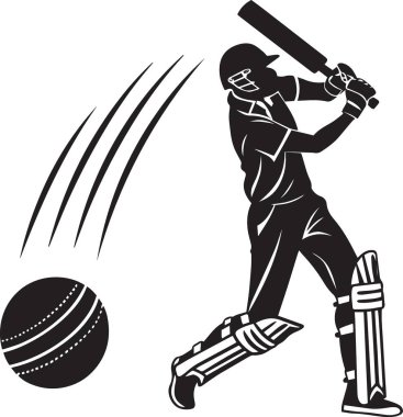 Bir kriket oyuncusunun siyah ve beyaz silueti top hareket halindeyken vuruşunu yapıyor..