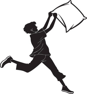 Başının üstünde bir yastık tutarken heyecanla koşan bir kişinin silüeti..