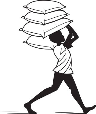 Geniş bir çantanın ağırlığı altında çırpınan bir insanın temiz bir silueti, kavramsal stres veya borç metaforları için mükemmel..