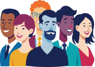 Çeşitli gülümseyen insanlardan oluşan bir grup, düz, modern, yüksek kaliteli, profesyonel bir tasarım ile dijital olarak resmediliyor.