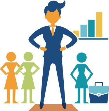 Kendine güvenen bir iş adamı, büyümeyi ve başarıyı sembolize eden bir çubuk grafikle takımının önünde duruyor.