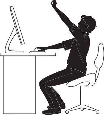 Bir bilgisayar masasında yüksek kalitede monitörle oturmuş başarıyı kutlayan bir kişinin silüeti.