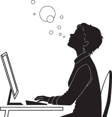 Kafasından yukarı doğru yükselen baloncukları olan bir dizüstü bilgisayar kullanan bir kişinin silueti.