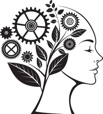 Tarz sahibi bir insan kafası profili botanik elementler ve mekanik dişliler ile birleşerek düşünce ve büyüme kalitesini sembolize eder.