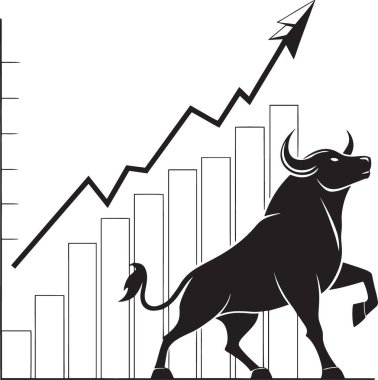 Yürüyen bir boğa silueti, temiz, yükselen bir çubuk grafiği ve yukarı doğru bir okun önünde..