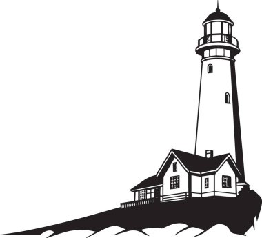 Bir sahil kulübesinin yanındaki uzun bir deniz fenerinin detaylı siyah beyaz çizimi rehberlik ve güvenliği temsil ediyor..