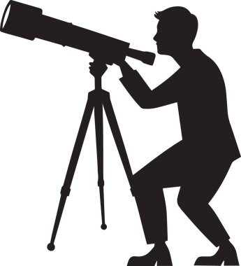 Takım elbiseli bir adamın silueti tripoda monte edilmiş büyük bir teleskoptan bakmak için eğiliyor..