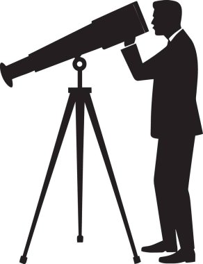 Resmi takım elbiseli bir adamın silueti tripodla çok büyük bir teleskopa bakıyor, kurumsal vizyonu simgeliyor..