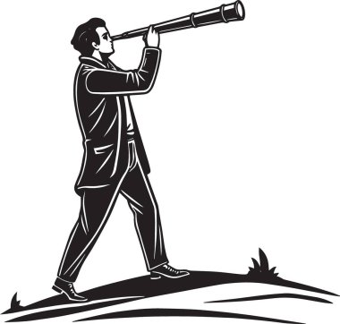 Uzun bir teleskop kullanarak iş stratejisini temsil eden takım elbiseli bir adamın stilize edilmiş siyah beyaz çizimi..