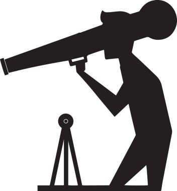 Geniş bir teleskoptan bakan bir adamın modern, geometrik silueti odaklanmayı ve hassasiyeti vurguluyor..