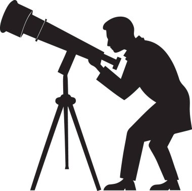 Profesyonel giyimli bir adam ufku taramak için bir teleskop, piyasa analizi, tahmin ve uzun vadeli iş stratejisi için bir metafor kullanır..