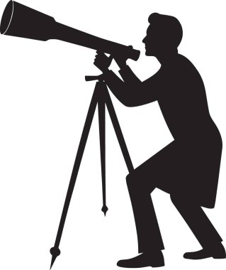 Gün batımında teleskoptan bakan bir kâşif ya da gökbilimcinin net bir silueti görüş ve keşfi temsil eder..