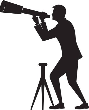 Gözüne büyük bir teleskop tutan bir profesyonelin yüksek kontrastlı silueti piyasa eğilimlerini temsil ediyor ve geleceğe bakıyor..