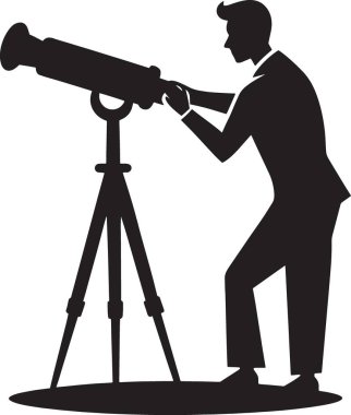 Takım elbiseli bir adamın silueti, stratejik dikkatsizliği ve kurumsal vizyonu vurgulayarak, tripoda büyük bir teleskop yerleştiriyor..