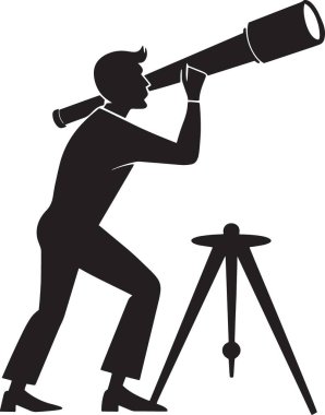 Takım elbiseli bir adamın teleskoptan bakıp iş görüşünü, gelecekle ilgili tahminleri ve stratejik planlamayı sembolize eden bir silüeti..