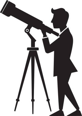 Takım elbiseli bir işadamının siyah siluet vektörü teleskopla iş görüşünü ve stratejik planlamayı temsil eden bir teleskopla tripoda bakıyor.