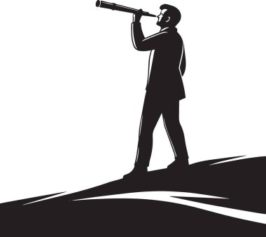 Tepenin tepesinde dikilip ufuk çizgisinde teleskoptan bakan bir adamın siyah siluet vektörü görüş keşfi ve keşfini temsil ediyor.