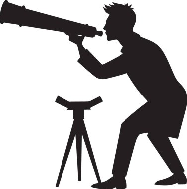 Astronomi, bilim ve gözlem temalı tasarımlar için ideal olan tripoda monte edilmiş bir teleskoptan bakmak için eğilen bir adamın siyah ve beyaz vektör silueti