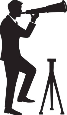 Üç ayaklı bir teleskopla bilim, astronomi ve keşif temalı tasarımlar için mükemmel olan siyah ve beyaz bir adamın silüeti.