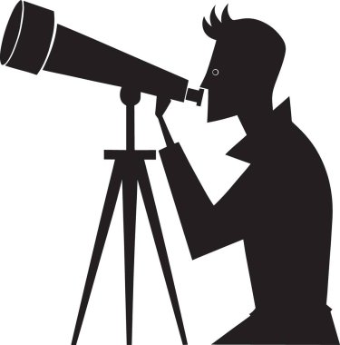 Minimalist, stilize edilmiş bir siluet. Üç ayaklı teleskopla bakan bir adam. Görünür bir gözü var..