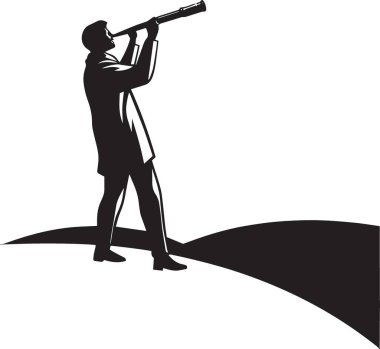 Uzun bir teleskop ya da dürbünden bakan bir adamın siyah vektör silueti.