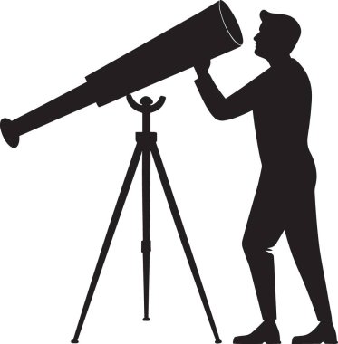 Siyah vektör silueti, tripoda monte edilmiş büyük bir teleskoptan bakan bir insanın.
