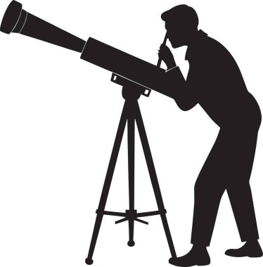 Gözlem için tripoda monte edilmiş teleskoptan bakan bir adamın siyah vektör silueti.