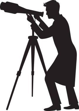 Siyah vektör silueti, tripod standında büyük bir teleskoptan bakan bir kadın.
