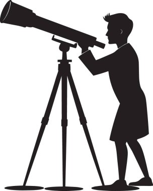 Ağır bir tripod standında büyük bir teleskoptan bakan bir adamın siyah vektör silueti.