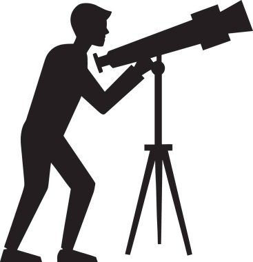 Takım elbiseli bir işadamının iş gözlem ve pazar analizini temsil eden bir tripoda kamera ya da teleskop kullanan siyah siluet vektörü