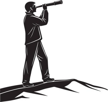 Siyah siluet vektörü, yüksek bir yerde durup teleskoptan ya da dürbünden bakarak stratejik görüşü ve öngörüyü temsil eden bir adam.