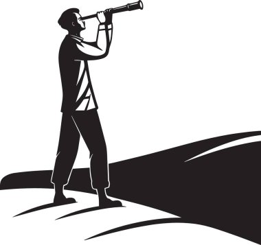 Uçurumun kenarında duran bir kadının siyah siluet vektörü teleskopla keşif hırsını ve ileri görüşlü liderliği temsil ediyor.