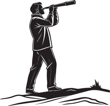 Bir tepede dikilip dürbünlü teleskopla piyasa görüşünü ve stratejik bakış açısını temsil eden bir iş adamının siyah siluet vektörü.
