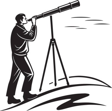 Siyah ve beyaz vektör silueti bir teleskopla ayakta duran ve bir tripoda bakan bir adamın keşif ve vizyonu temsil ediyor.