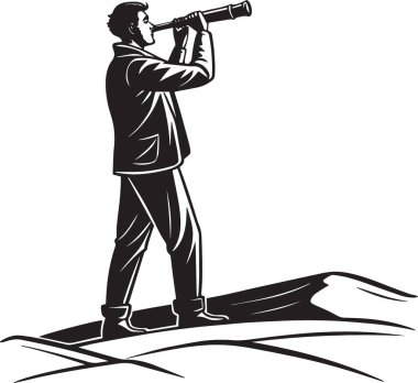 Siyah siluet vektör çizimi, tepede durup teleskopla ufku arayan bir adamın resmi.