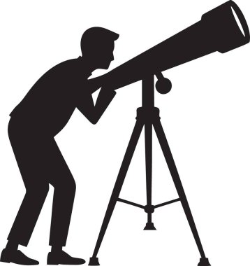 Siyah siluet vektör çizimi ayakta duran ve tripoda monte edilmiş büyük bir teleskoptan bakan bir adamın