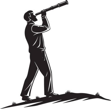 Siyah siluet vektör illüstrasyonunda yüksek bir yerde durup dürbün ya da teleskopla bakan bir adam görülüyor.