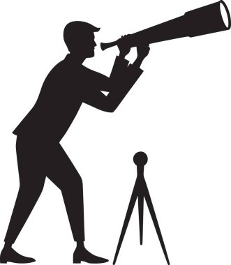 Siyah siluet vektör illüstrasyonunda teleskopu olan bir adam ileri doğru bakıyor.