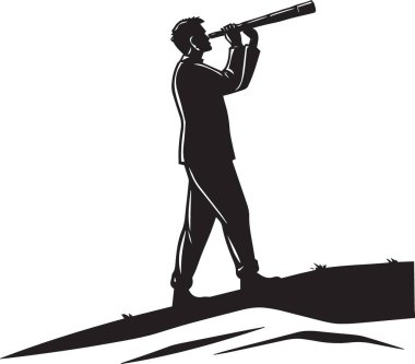 Siyah siluet vektör çizimi tepede duran bir adamın teleskop ya da dürbünle baktığını gösteriyor.