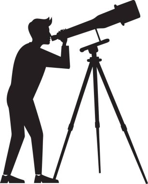 Siyah siluet vektör çizimi, teleskopla gökyüzünü ya da manzarayı izleyen bir adamın görüntüsü.