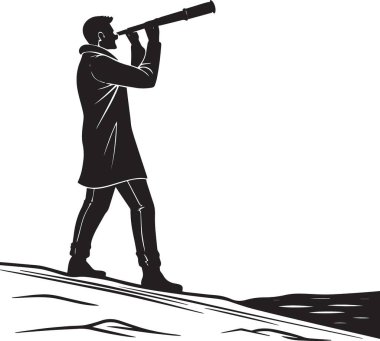 Teleskop kullanan bir adamın siyah-beyaz vektör silueti yüksekte durup mesafeye bakıyor.