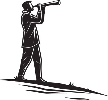 Uçurumun kenarında dikilip dürbünlü teleskopa bakan bir adamın siyah ve beyaz vektör silueti.